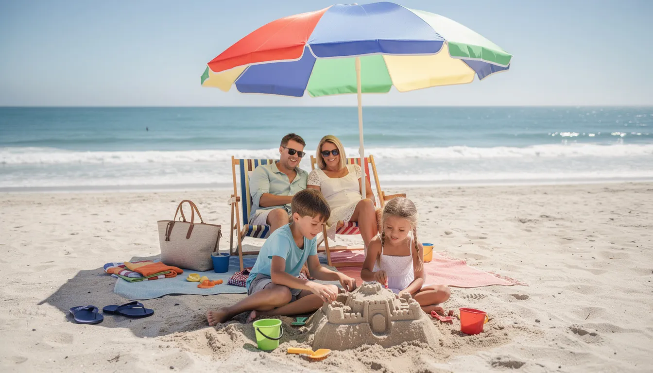 Rodzina z dziećmi odpoczywa pod dużym parasolem plażowym na piaszczystej plaży, ciesząc się słońcem i relaksując w cieniu. W tle widać spokojne morze oraz inne osoby korzystające z uroków plaży.