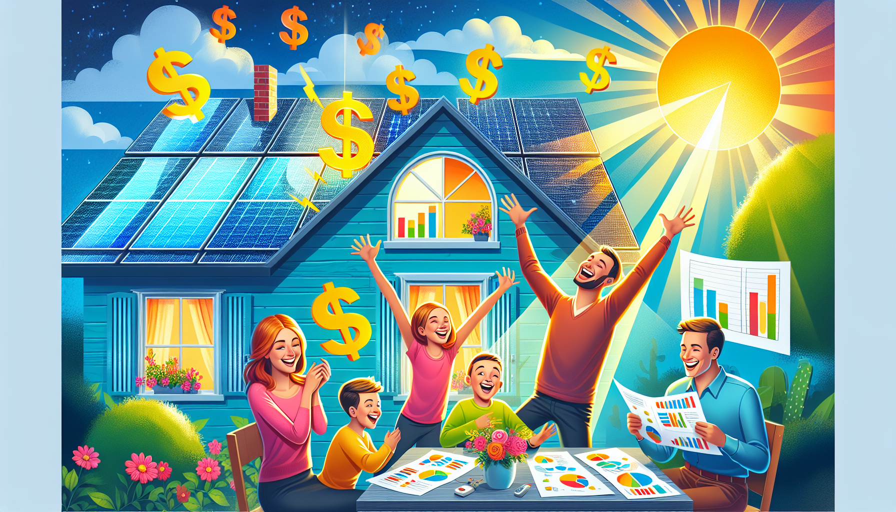 An illustration depicting the financial benefits of installing solar panels.