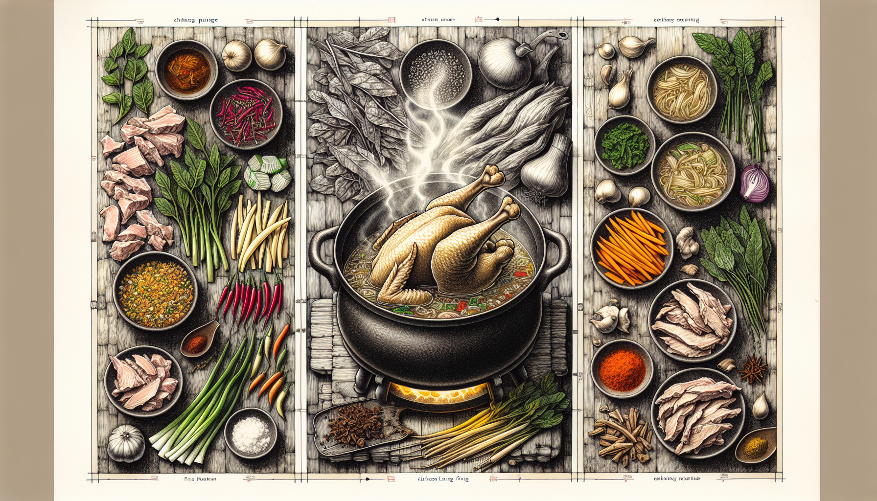 Artistic representation of the preparation of Chicken Lung Fung Soup