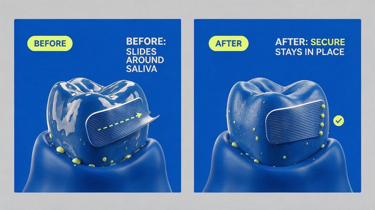 Before-and-after illustration of a tooth: the whitening strip slides around saliva before blotting, and stays securely in place on a lightly dried tooth
