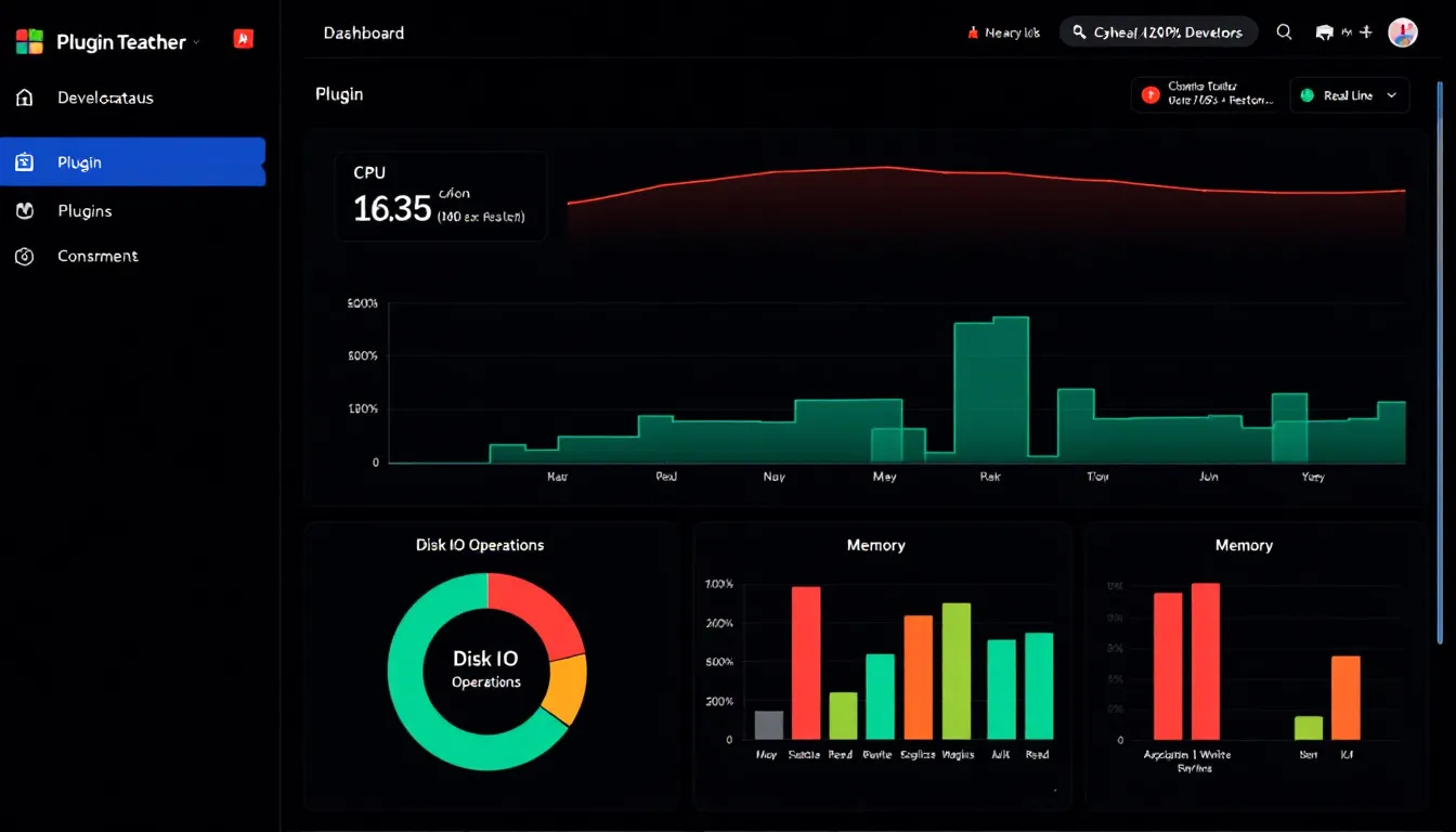 The image depicts a plugin performance monitoring dashboard displaying resource usage statistics for a WordPress website, highlighting key metrics such as server resources, load times, and database queries. This dashboard is essential for optimizing the performance of a WooCommerce store, enabling users to track and enhance site speed effectively.