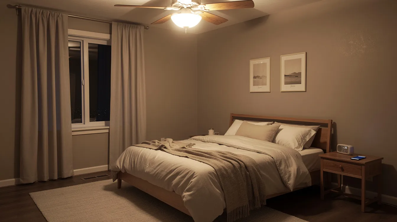 The image depicts a cozy bedroom featuring a ceiling fan, light bedding, and minimal electronics, creating an ideal sleep environment. This serene setting promotes better sleep quality by maintaining an optimal bedroom temperature for sleep, allowing one to fall asleep faster and enjoy a restful night&rsquo;s rest.