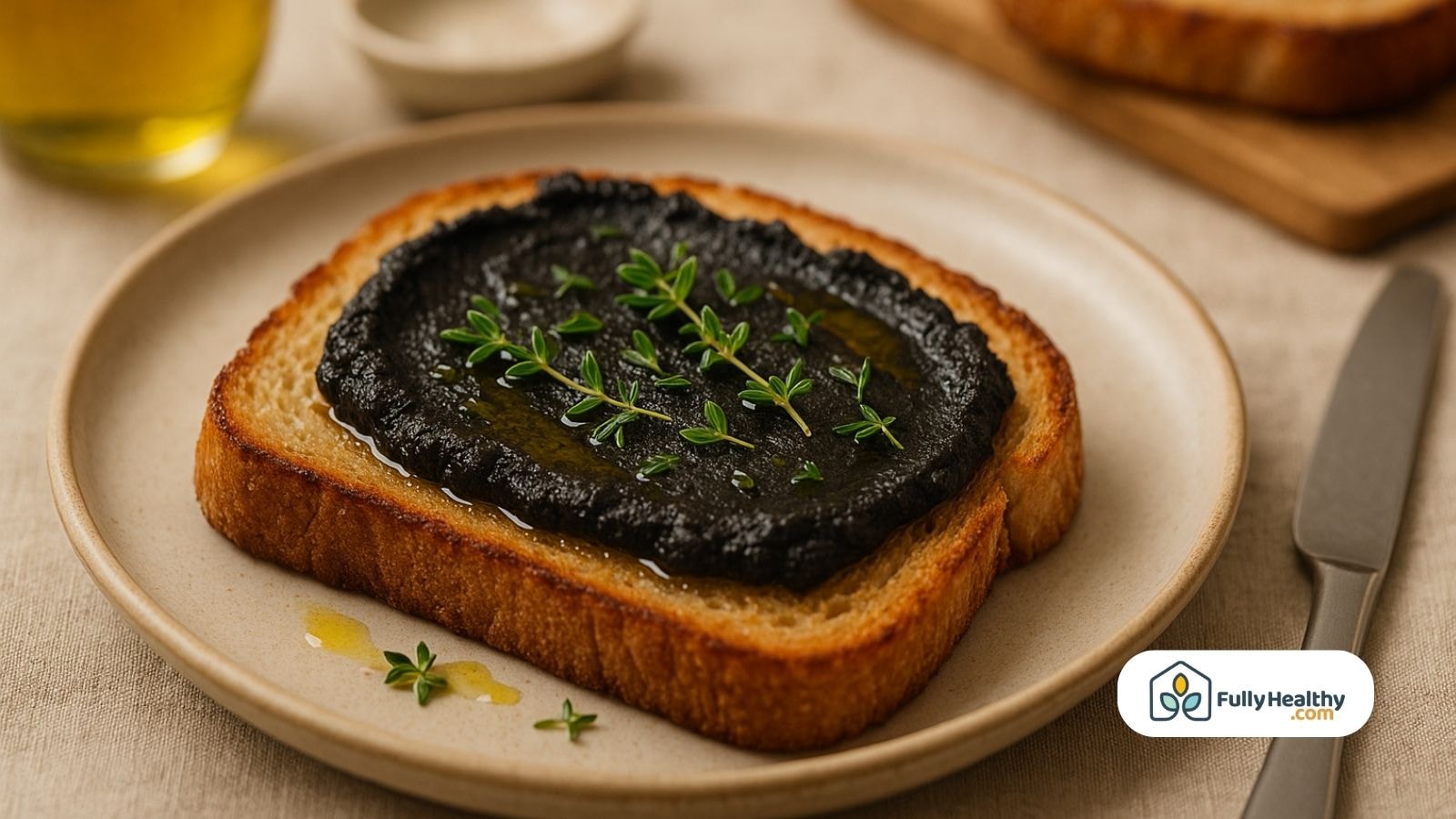 Toasted bread topped with black garlic spread and olive oil