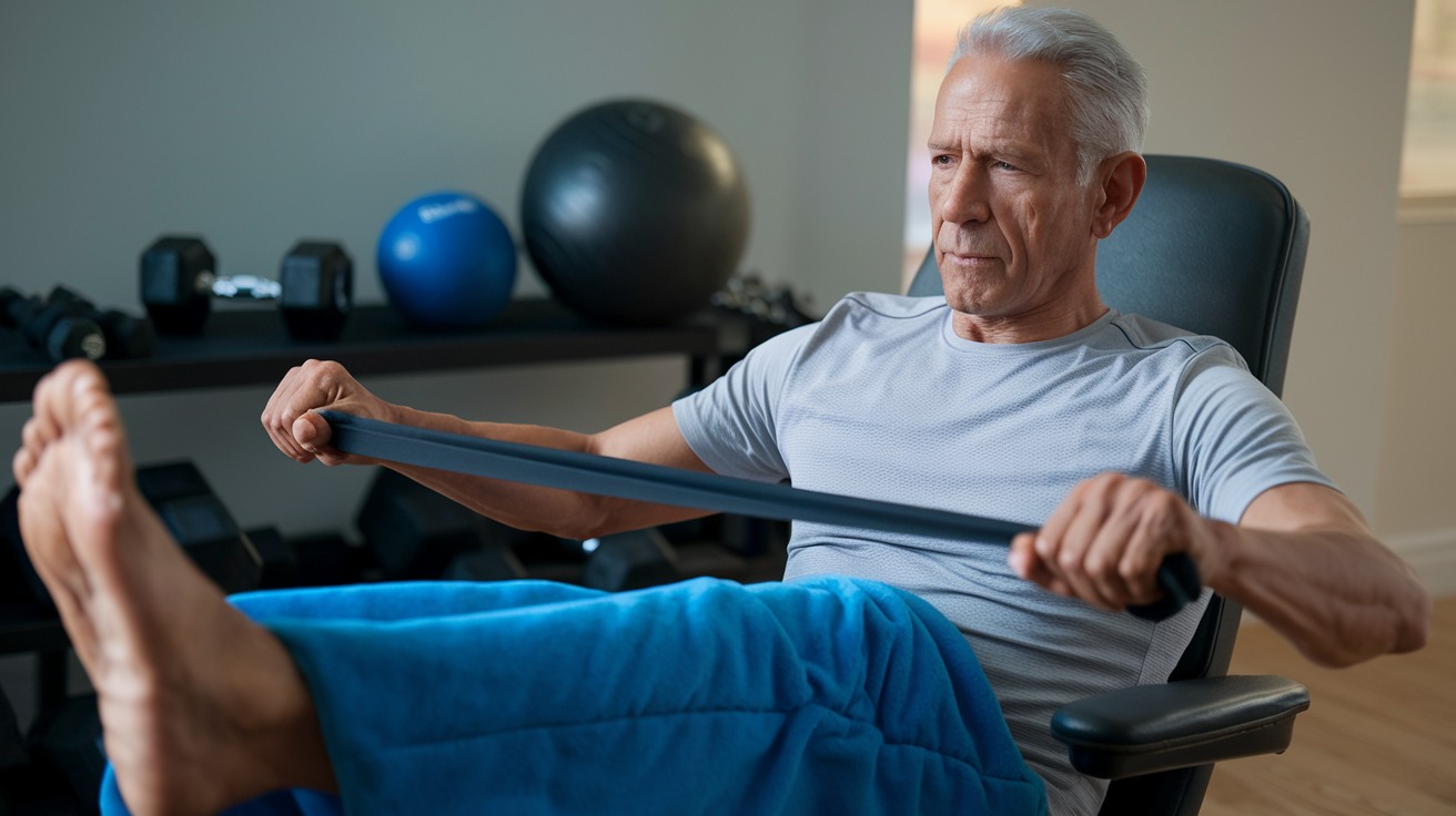 An older man doing seated leg lifts.