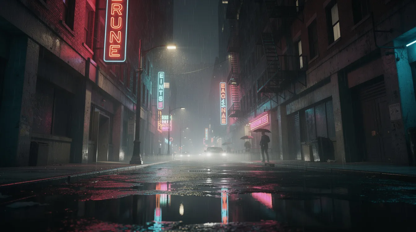 Die düstere urbane Straßenszene bei Regen und Nacht zeigt, wie Neonlichter sich auf dem nassen Asphalt spiegeln, was eine eindringliche Film-Noir-Atmosphäre erzeugt. Diese Stimmung erinnert an die besten Filme der 90er, die oft Krimi- und Thriller-Elemente enthalten.
