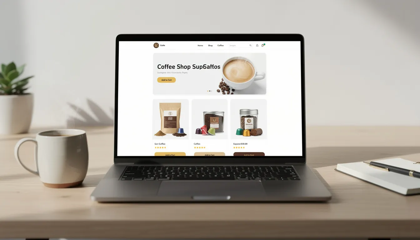 The image features a laptop displaying an ecommerce store filled with various coffee products, including bags of fresh roasted coffee, cups, and custom labels. This setup illustrates a coffee dropshipping business, showcasing options for starting your own coffee brand and providing excellent customer service to customers.