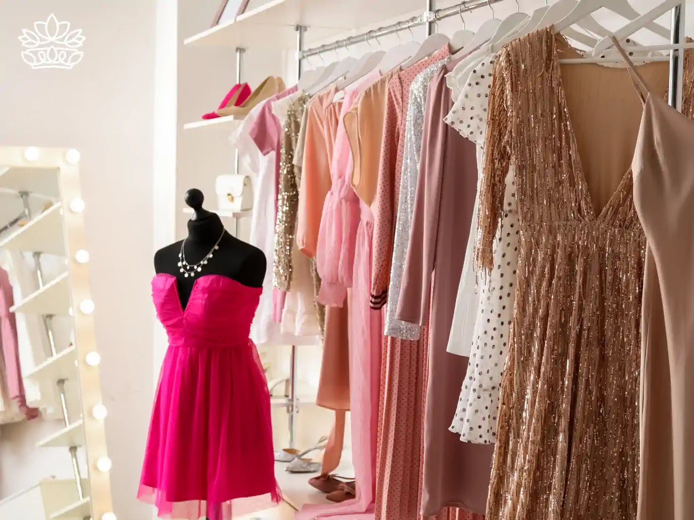 Elegant boutique interior displaying a variety of formal dresses in shades of pink, beige, and gold, elegantly arranged on hangers and a mannequin adorned with a vibrant pink dress and necklace, creating a chic and inviting shopping atmosphere for matric dance attire. Fabulous Flowers and Gifts - Matric Dance. Delivered with Heart.