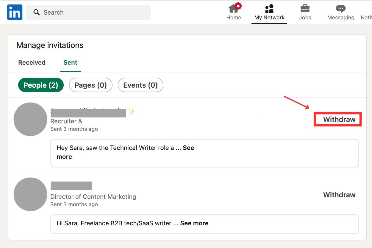 LinkedIn Sent invitations tab with Withdraw button