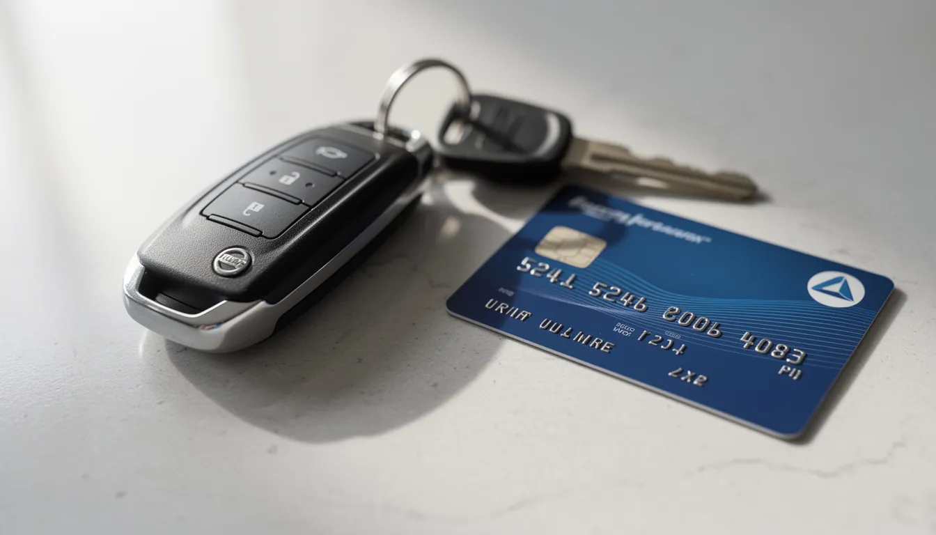 L'image montre des clés de voiture posées sur un comptoir, à côté d'une carte bancaire, symbolisant les éléments essentiels pour une location de voiture. Cette scène évoque également des notions de franchise et d'assurance, importantes lors de la location d'un véhicule.