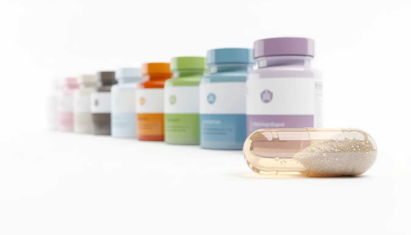The image features a neat row of colorful individual supplement bottles, each representing different longevity supplements, positioned next to an oversized single capsule on a clean white surface, highlighting the importance of a diverse supplement regimen for supporting healthy aging and overall health.