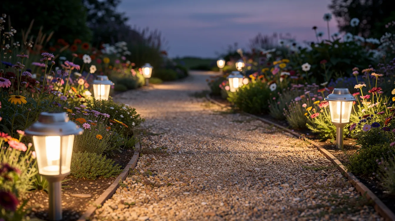 Ein Gartenweg bei Dämmerung, gesäumt von mehreren leuchtenden Solarlaternen, führt zwischen bunten Blumenbeeten hindurch. Die solarelektrischen Lichtakzente schaffen eine stimmungsvolle Atmosphäre für entspannte Sommerabende im Freien.