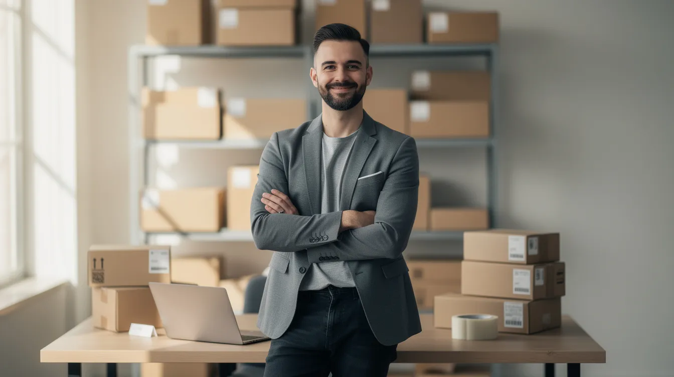 The image depicts a confident eCommerce business owner standing proudly, symbolizing success after navigating the funding process and securing financial backing. This moment reflects the importance of accessing funding solutions from business capital providers, enabling small business owners to expand their operations and manage inventory effectively.