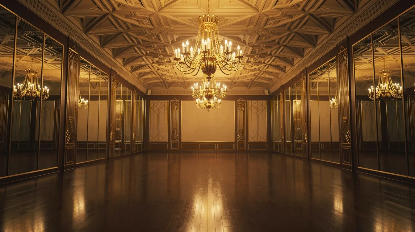 Ein leerer, eleganter Ballsaal im Art-Déco-Stil zeigt goldene Kronleuchter, polierte Holzböden und lange Spiegel, die in warmem, goldenem Licht erstrahlen. Der Raum erinnert an das Overlook Hotel aus "The Shining", wo Isolation und Wahnsinn zentrale Themen sind.