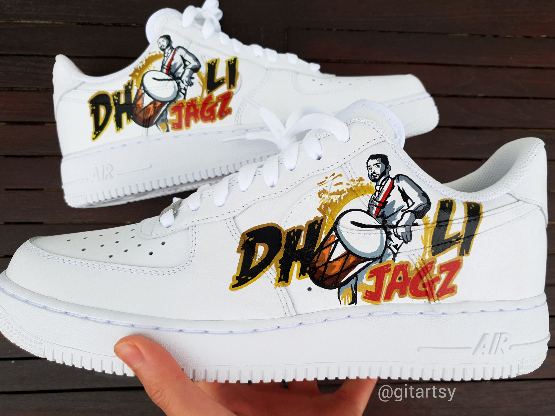 Custom Nike AF1s painted for a dhol player : "Dholi Jagz"