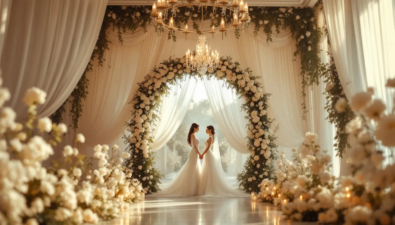 A beautiful wedding venue set up for a ceremony, showcasing floral arrangements and decorations.