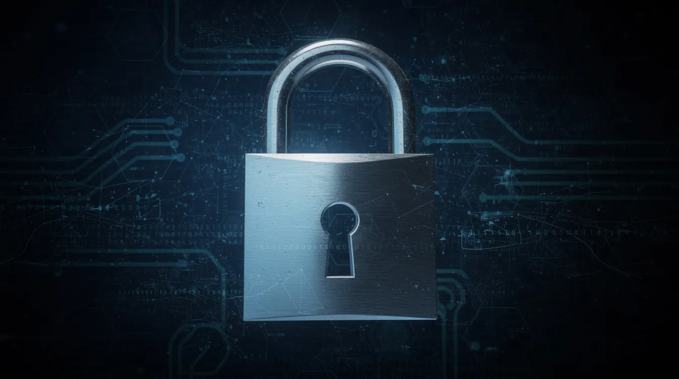Das Bild zeigt ein metallisches Vorhängeschloss vor einem dunklen digitalen Hintergrund, das für Cybersicherheit und Webschutz steht. Es symbolisiert die Wichtigkeit von Webserver-Anwendungen wie Apache und Nginx im Schutz von Webseiten und dynamischen Inhalten.