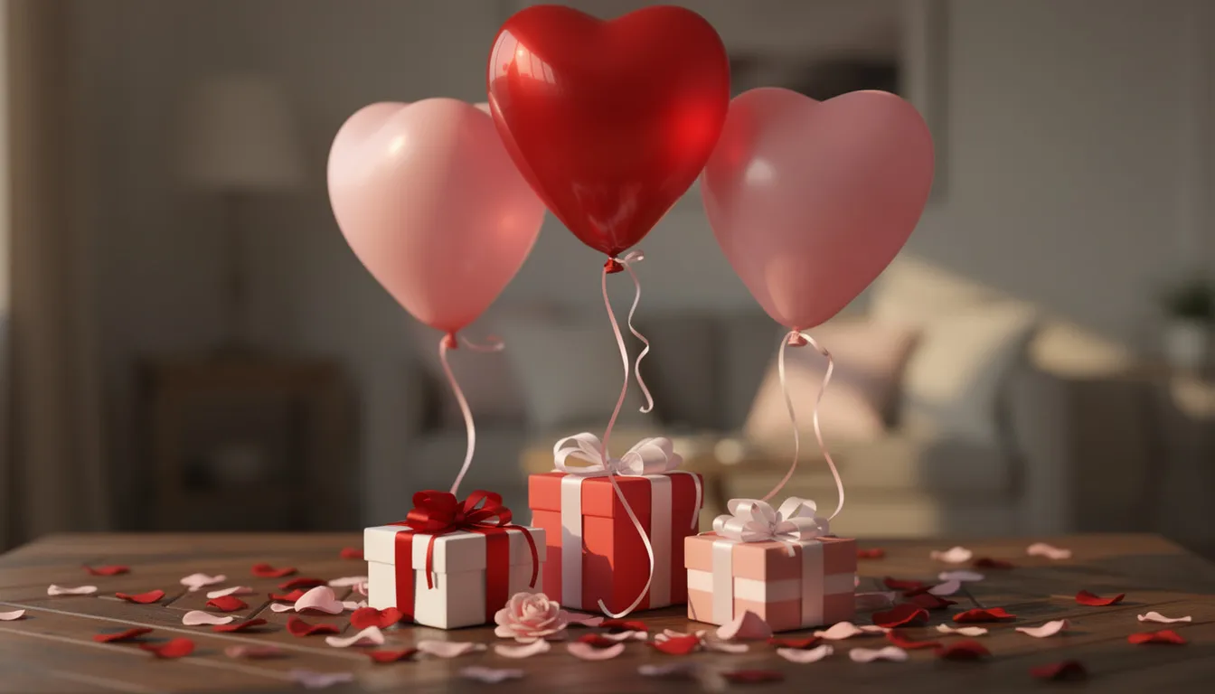 A table is adorned with heart-shaped balloons and wrapped gift boxes, surrounded by delicate rose petals, creating a romantic atmosphere perfect for celebrating Valentine's Day. This festive display evokes feelings of joy and affection, ideal for sharing with loved ones or friends.