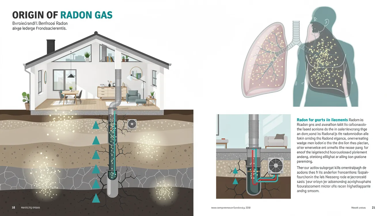 An illustration showing the origin of radon gas and its health risks, including lung cancer.