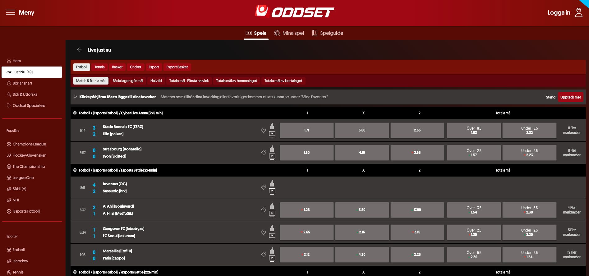 Oddset live hos Svenska Spel Sport & Casino där spelare kan spela på fotboll och e-sport i realtid. Odds, totalt antal mål och fler spelmarknader visas på webbplatsen, 18 år gäller och spelstopp finns via Spelkoll.