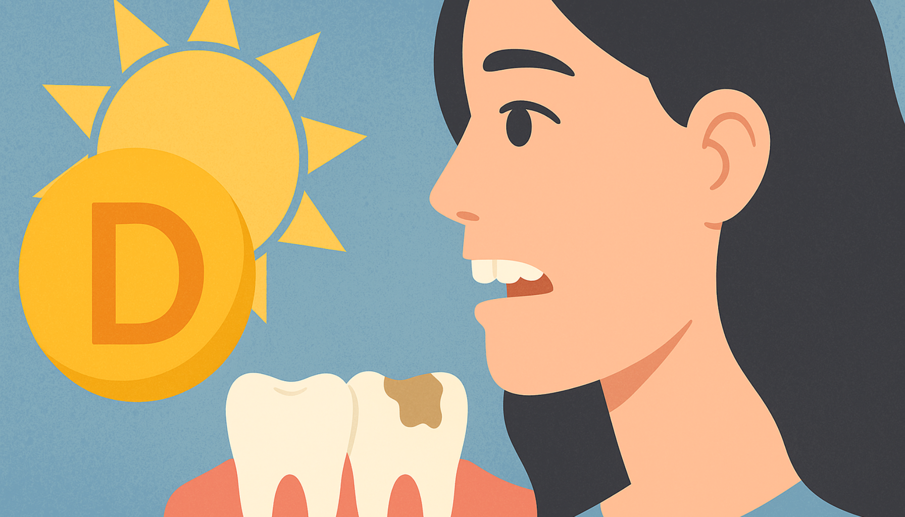 Illustrasjon av kvinne med tenner og sol som symboliserer vitamin D-mangel og tannhelseproblemer."