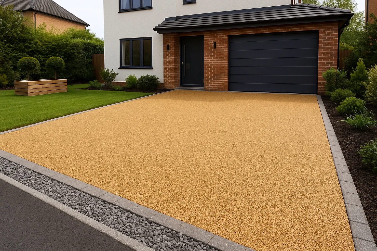 Resin bound driveway with a golden finish on a modern UK home.