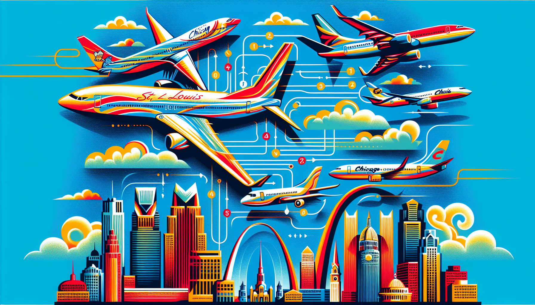 An illustration representing popular airlines flying from St. Louis to Chicago.