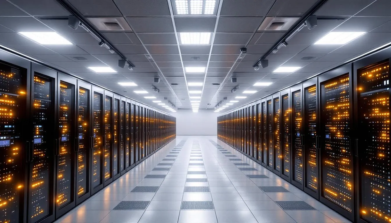 A modern data center is depicted, showcasing advanced cloud connectivity and a robust security infrastructure that emphasizes zero trust principles. The environment features secure access service edge (SASE) architecture, integrating security tools and network performance enhancements to ensure sensitive data protection and strict access controls.