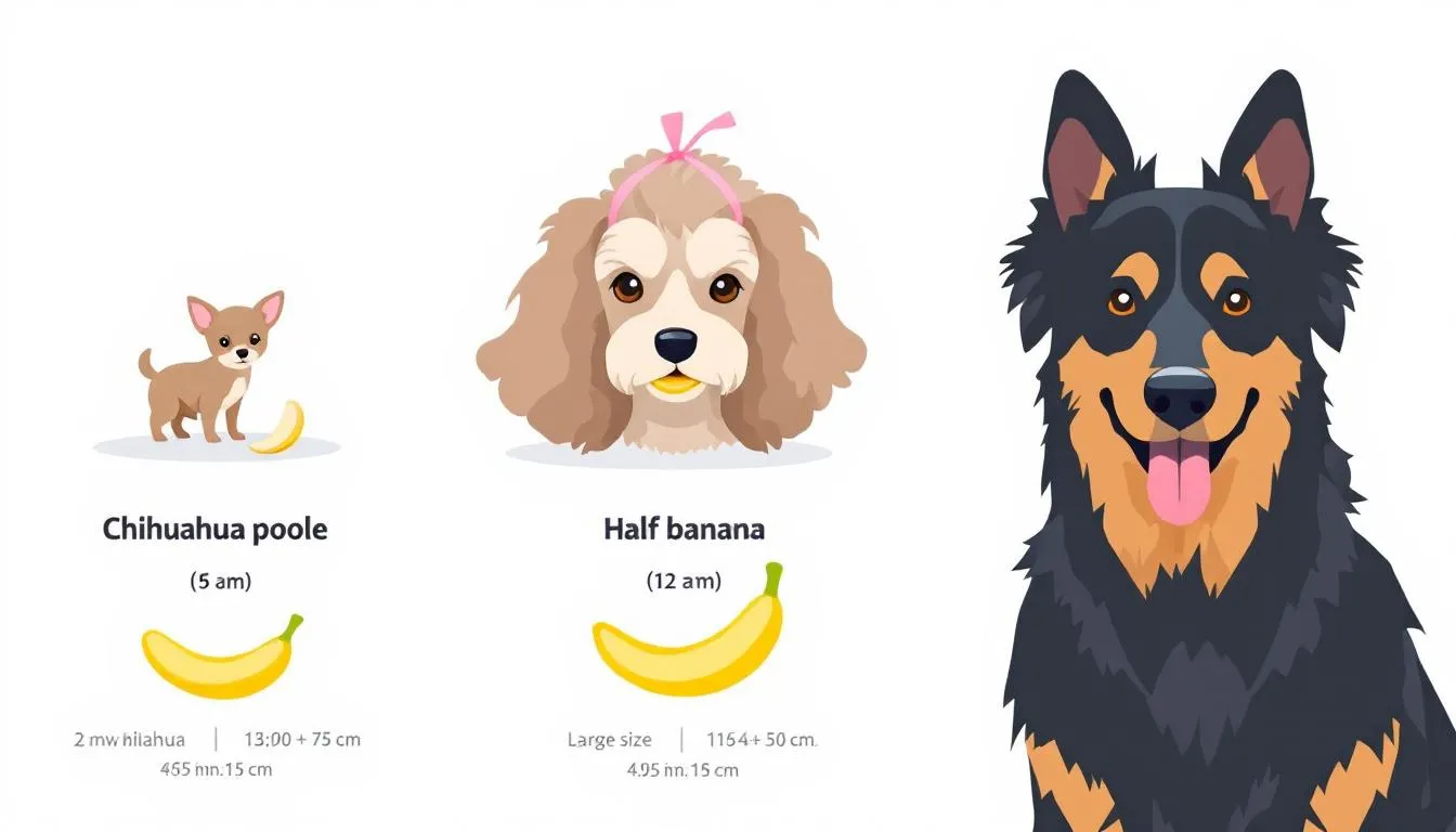 A visual guide displays banana portions suitable for various dog sizes, ranging from tiny chihuahuas to large German shepherds, emphasizing that while dogs can eat bananas as an occasional treat, moderation is key to prevent upset stomachs. The image highlights the nutritional benefits of bananas for dogs, including their vitamin C content and low-calorie nature when served in small quantities.