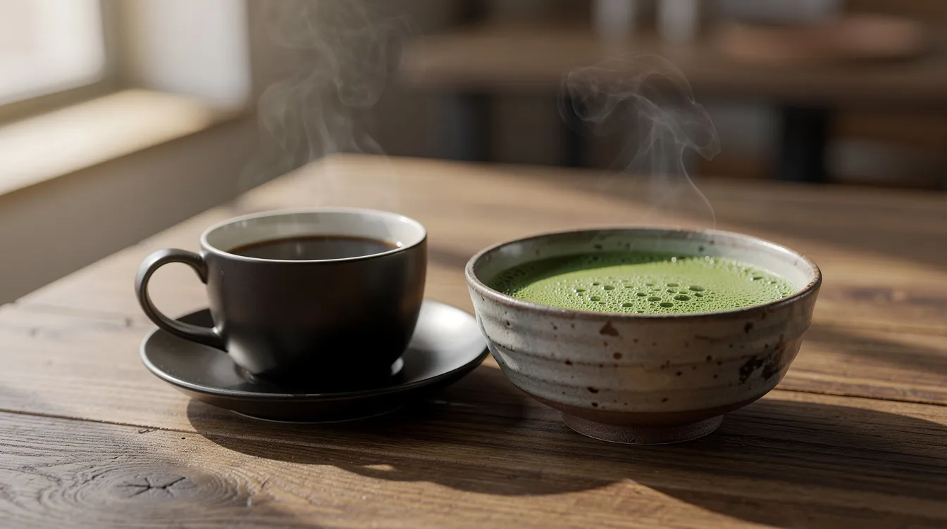 Auf dem Bild sind eine Tasse schwarzen Kaffee und eine traditionelle Schale mit Matcha nebeneinander auf einem Holztisch platziert. Der Dampf steigt sanft von beiden Getränken auf und die natürliche Beleuchtung sorgt für eine authentische Café-Atmosphäre, während die realistischen Texturen der Keramiken die Unterschiede zwischen Matcha und Kaffee unterstreichen.