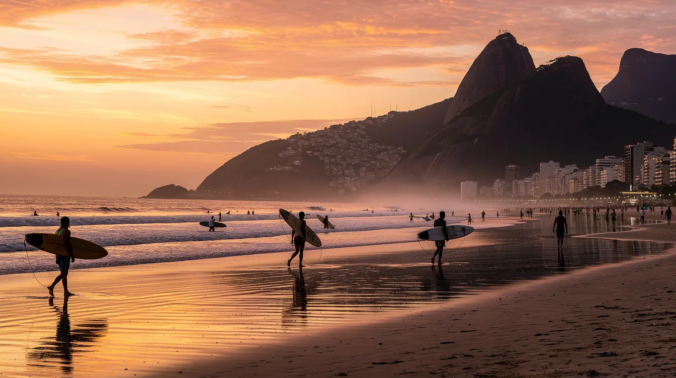 The image captures Ipanema Beach at sunset, with the silhouette of Two Brothers Mountain gracefully rising in the background. This picturesque scene showcases the natural beauty of Rio de Janeiro, where the vibrant colors of the sunset reflect off the Atlantic Ocean, creating a serene atmosphere in this iconic location.