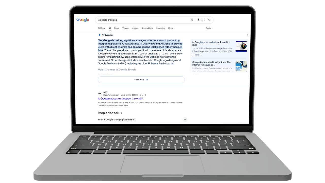 Google search page mockup showing AI overview as google gemini is changing search