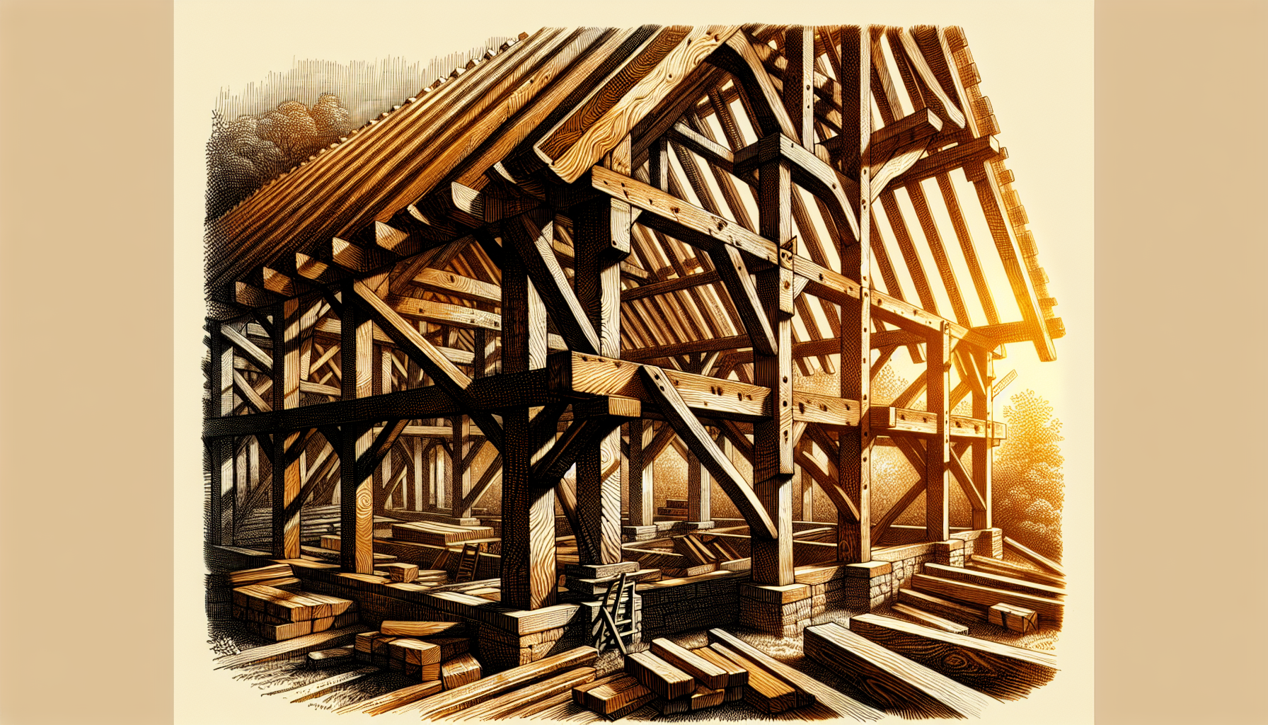 Timber frame construction with roof trusses