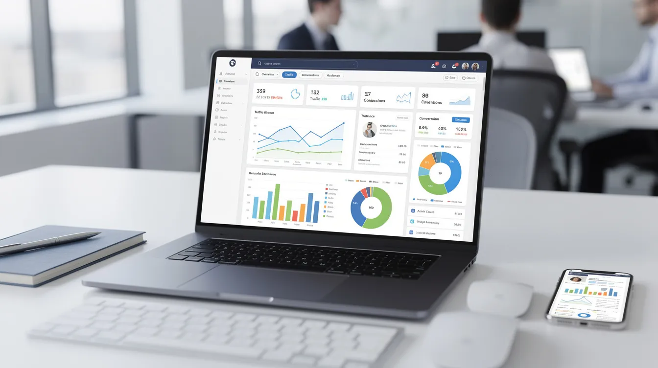 Auf dem Bild ist ein Laptop-Bildschirm zu sehen, der eine Analyse-Dashboard-Ansicht mit verschiedenen Diagrammen und Grafiken zeigt, während er in einem modernen Büro platziert ist. Diese Website-Analyse könnte Teil einer SEO-Strategie zur Optimierung der eigenen Website sein, um das Suchmaschinenranking zu verbessern.