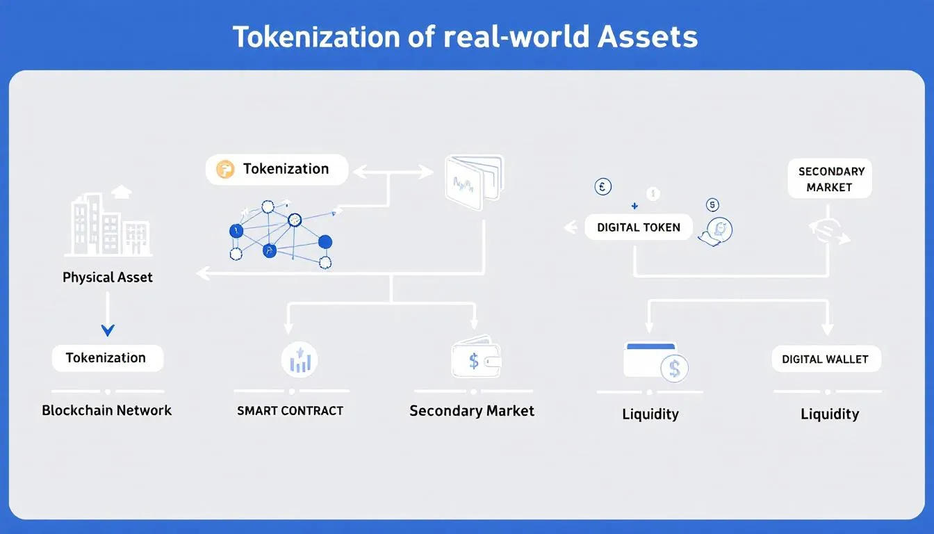 The image illustrates the concept of tokenization of real world assets (RWA), showcasing various tangible and digital assets such as real estate properties and fine art, emphasizing the benefits of fractional ownership and reduced transaction costs through blockchain technology. It highlights the integration of traditional finance with digital tokens, enabling broader investment opportunities and greater liquidity for both institutional and retail investors.