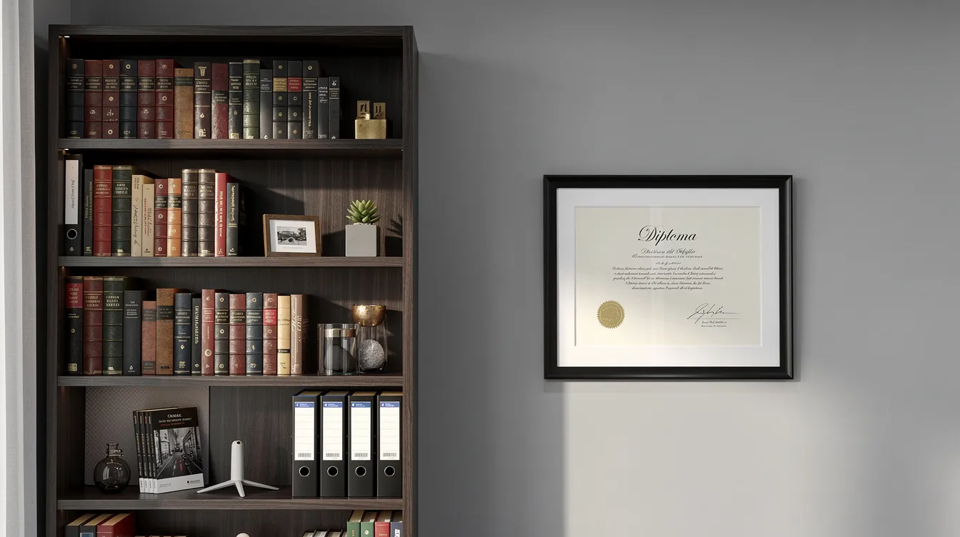 The image features a professional office wall adorned with a framed diploma, showcasing an authentic looking design, alongside a well-organized bookshelf filled with various books. This setting reflects an academic journey, emphasizing the importance of diplomas and transcripts in a professional environment.