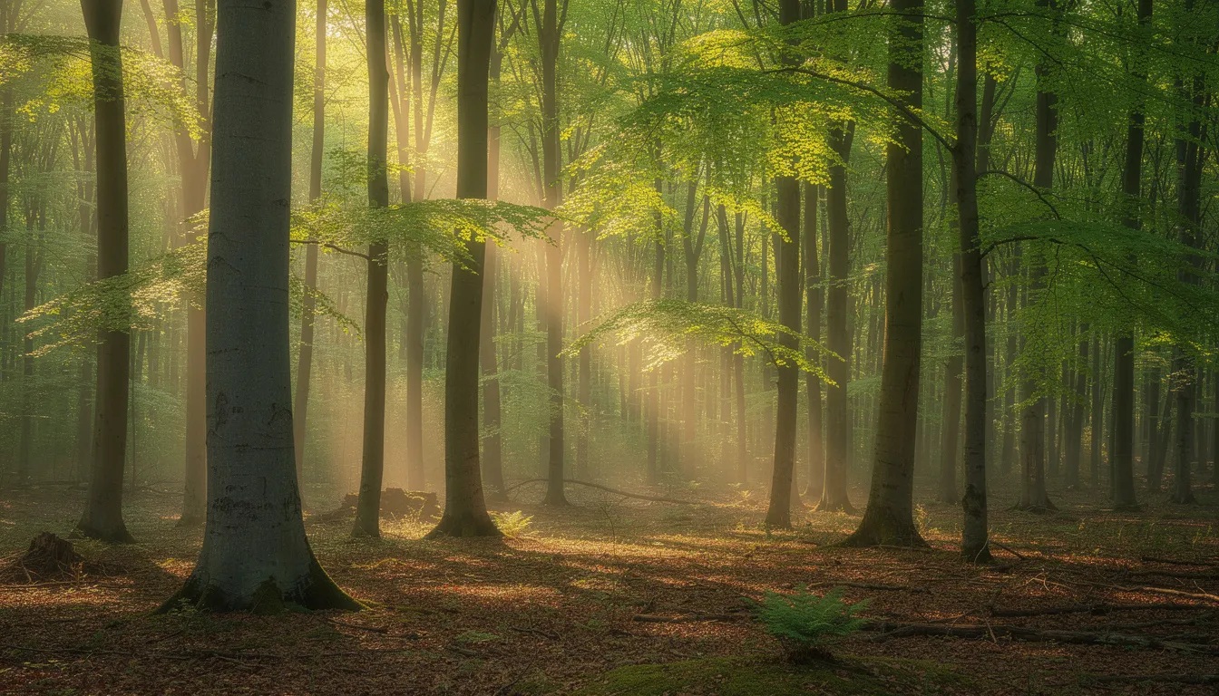 The image depicts a dense beech tree forest, where sunlight gently filters through the lush green leaves, creating a serene and tranquil atmosphere. This natural setting highlights the beauty of sustainably managed forests, reflecting the eco-friendliness associated with natural fibers like cotton and modal, which are ideal for everyday wear.
