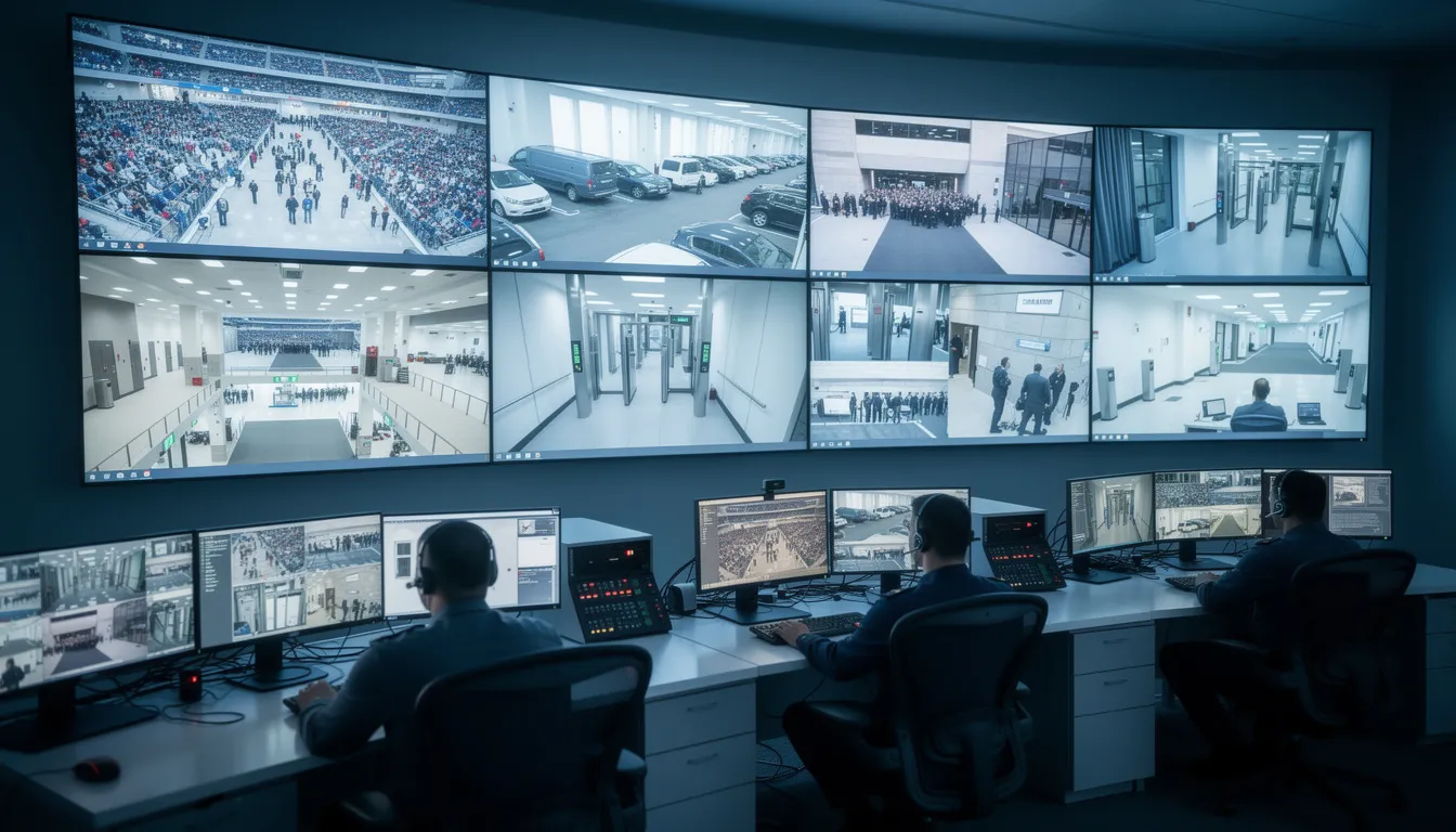 The image depicts a security control room where operators are intently monitoring multiple screens that display various event areas, ensuring a safe environment for attendees. This setup highlights the importance of event security services in managing crowd control and potential security risks during public events.