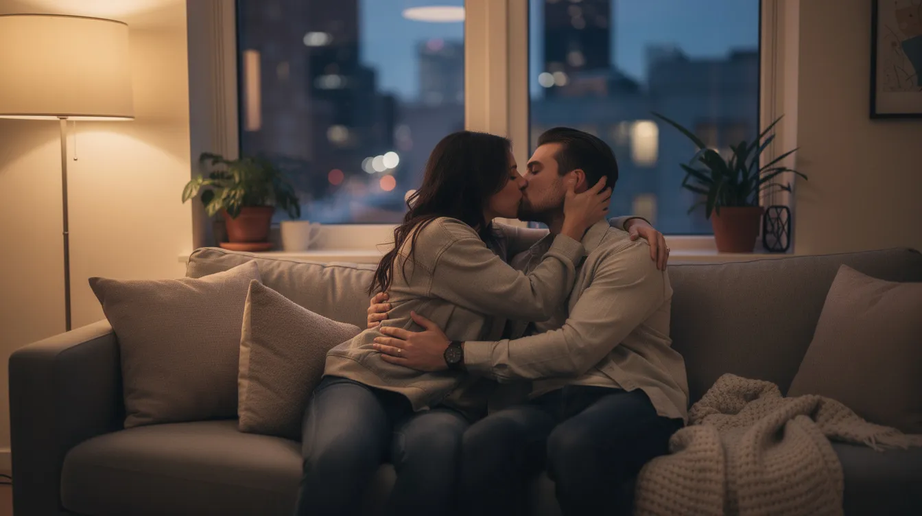 A couple is passionately kissing on a cozy couch in their apartment, showcasing their deep emotional connection and physical affection. This intimate moment highlights the importance of honest communication and exploring each other's sexual desires in a romantic relationship.