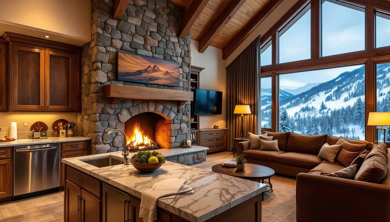 The image depicts a cozy hotel suite interior featuring a stone fireplace, a fully equipped kitchen, and rustic mountain lodge decor, perfect for a relaxing stay near Brian Head Ski Resort. This inviting space offers a warm atmosphere ideal for families or friends looking to enjoy the nearby Cedar Breaks National Monument.