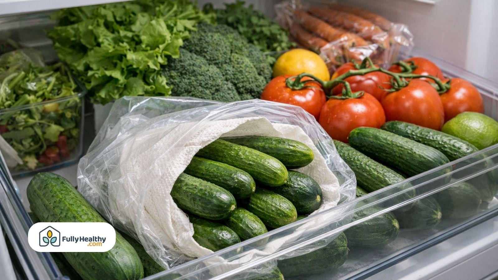 Cucumbers stored in crisper drawer with paper towel and plastic bag