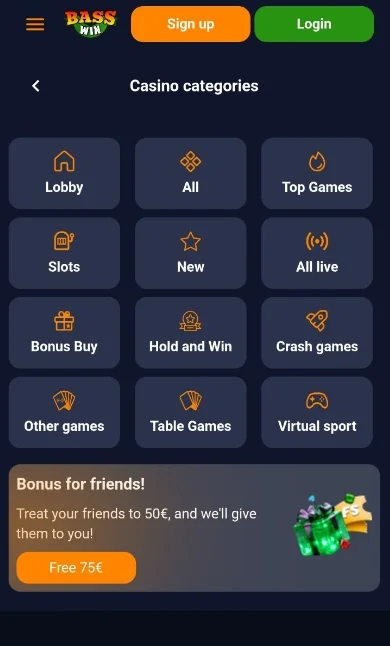 Categories of games in the mobile version of Basswin