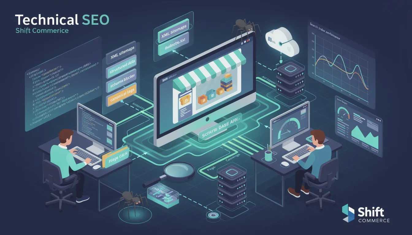 The image depicts a digital workspace focused on Technical SEO strategies within a Shift Commerce environment, showcasing elements like keyword research tools, Google Search Console, and analytics dashboards. It emphasizes optimizing ecommerce sites for search engines to enhance organic traffic, improve search rankings, and effectively target potential customers through structured data and well-optimized product pages.