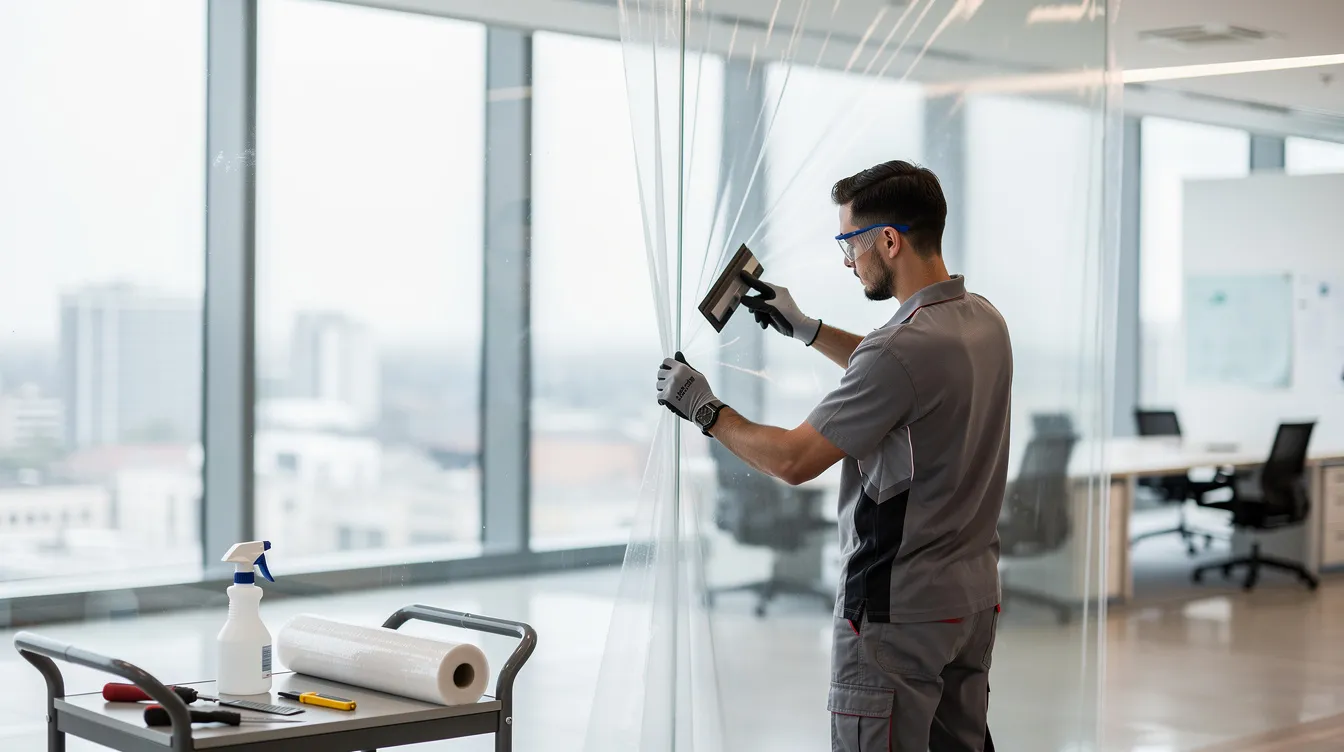A technician is meticulously applying window film to a large commercial glass panel, showcasing the importance of hands-on training in a successful franchise system. This process highlights the operational procedures and training support that franchise owners receive to ensure quality service and brand consistency.