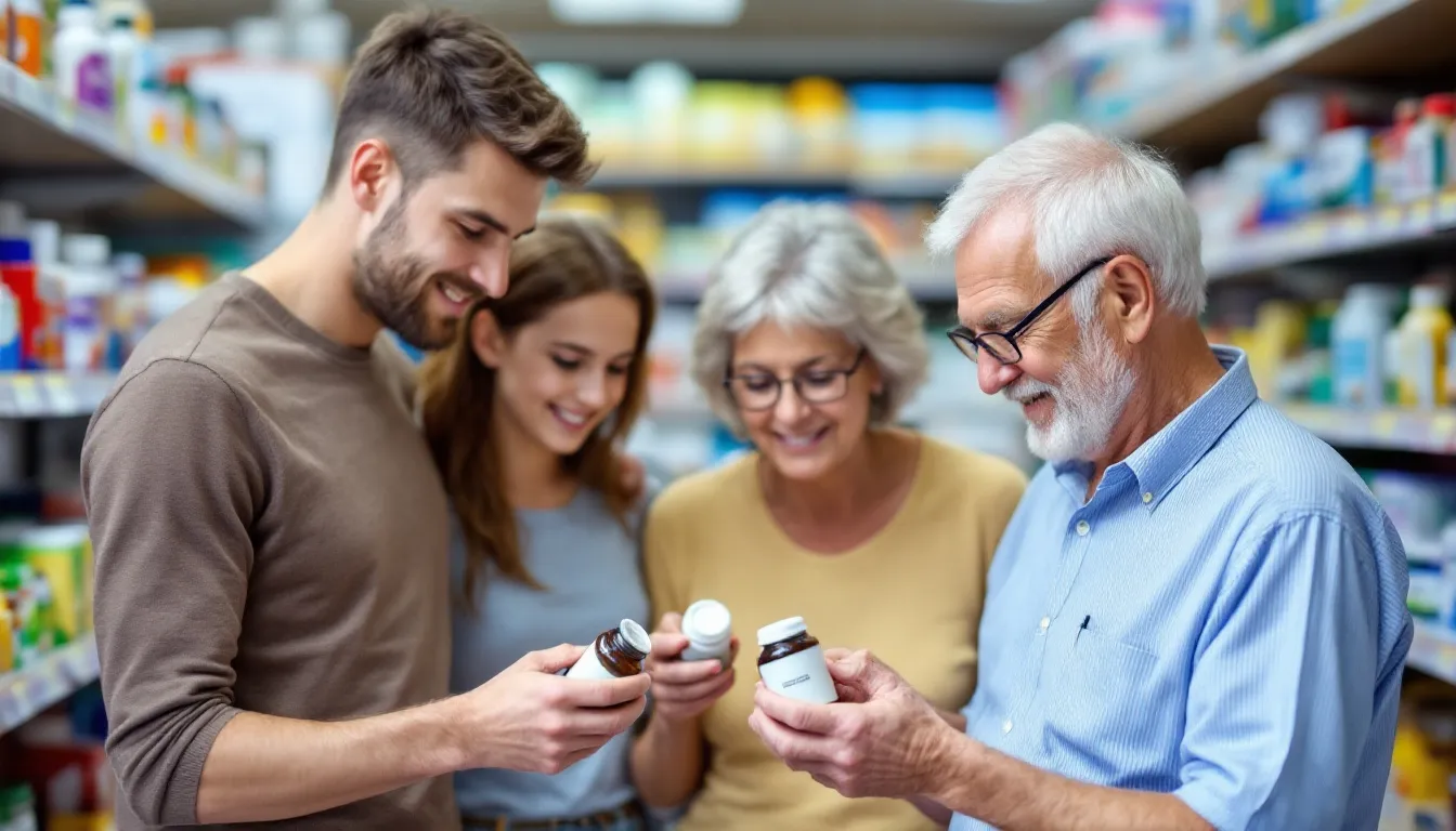 A diverse group of individuals of various ages is gathered, intently examining the labels of dietary supplements, likely discussing options for joint health and pain relief, including glucosamine and chondroitin. Their focus suggests a shared interest in alleviating arthritis symptoms and improving joint function.