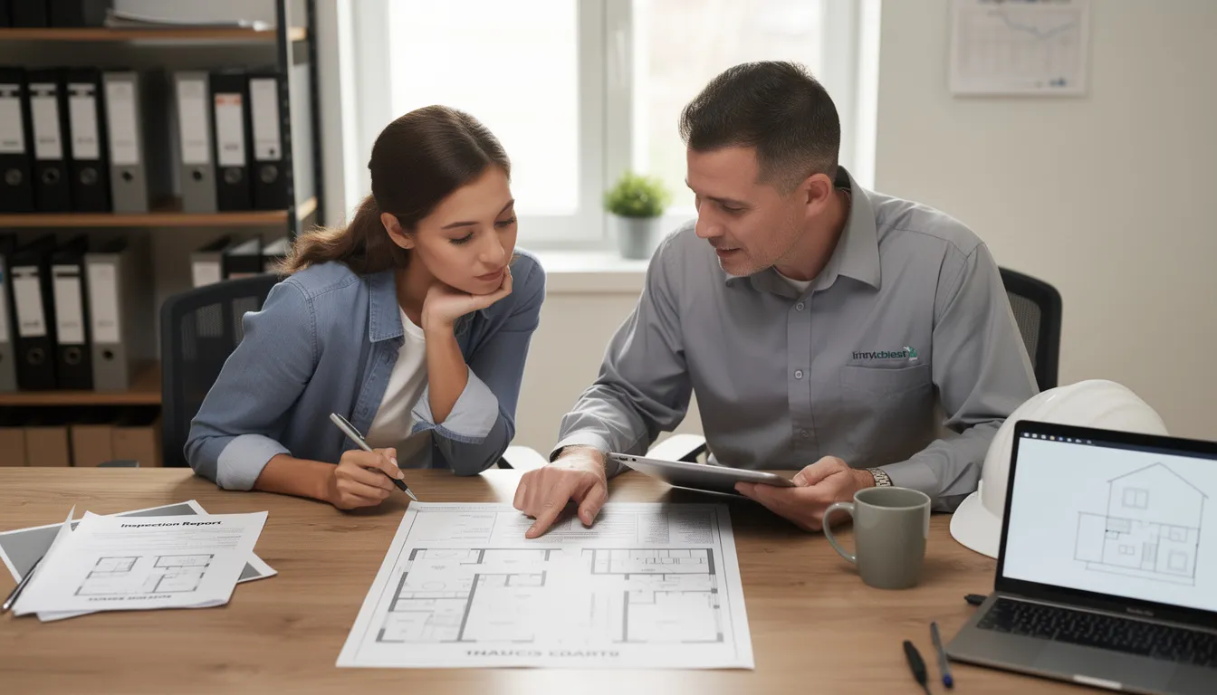 A property owner and a reputable roofing contractor are seated at a desk, reviewing a detailed report outlining the results of a recent roof inspection. The contractor is pointing out identified issues and providing recommendations for necessary roof repairs to ensure the building's roof remains in good condition.