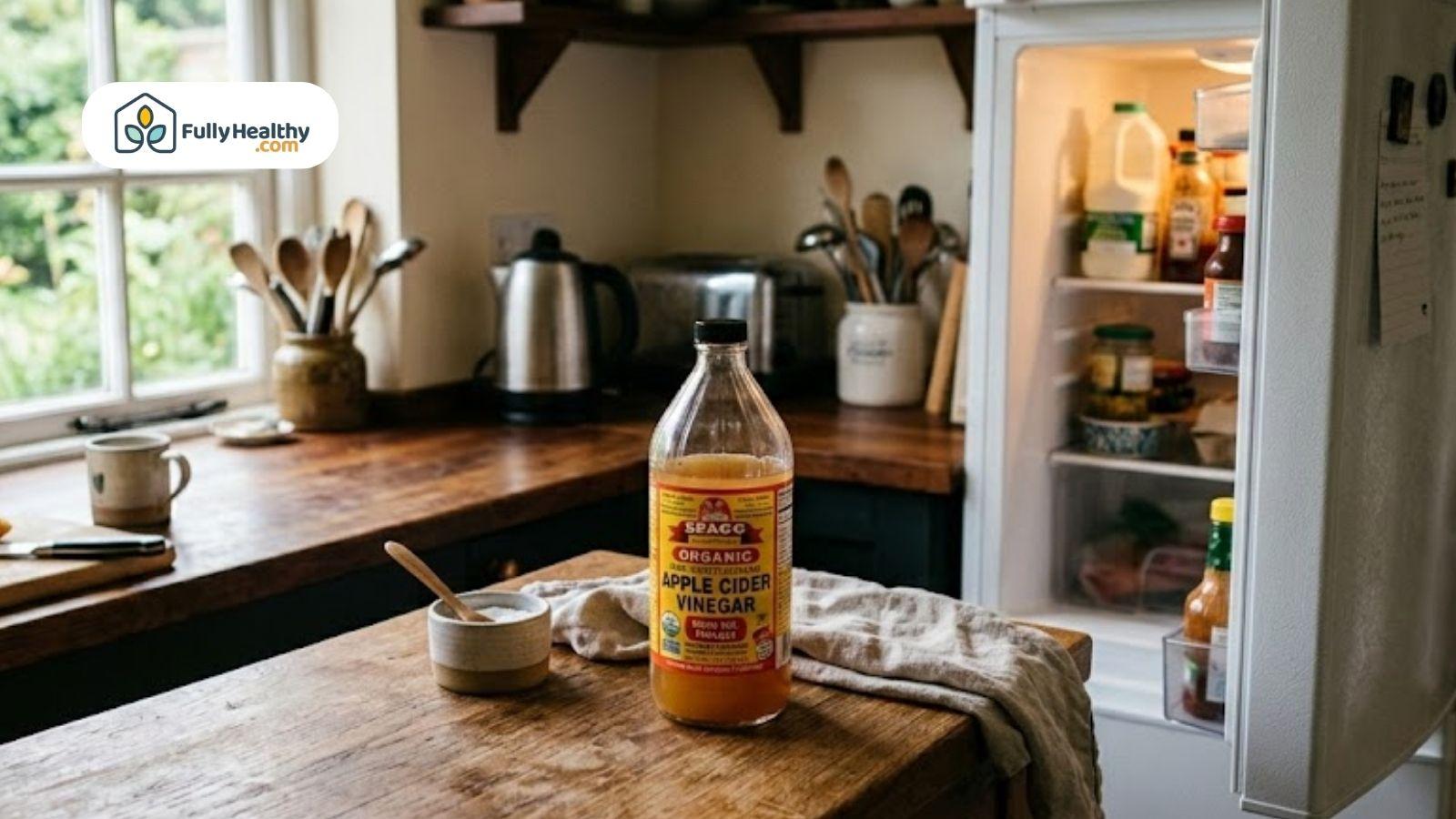 Bottle of apple cider vinegar on a kitchen counter with an open refrigerator in the background.