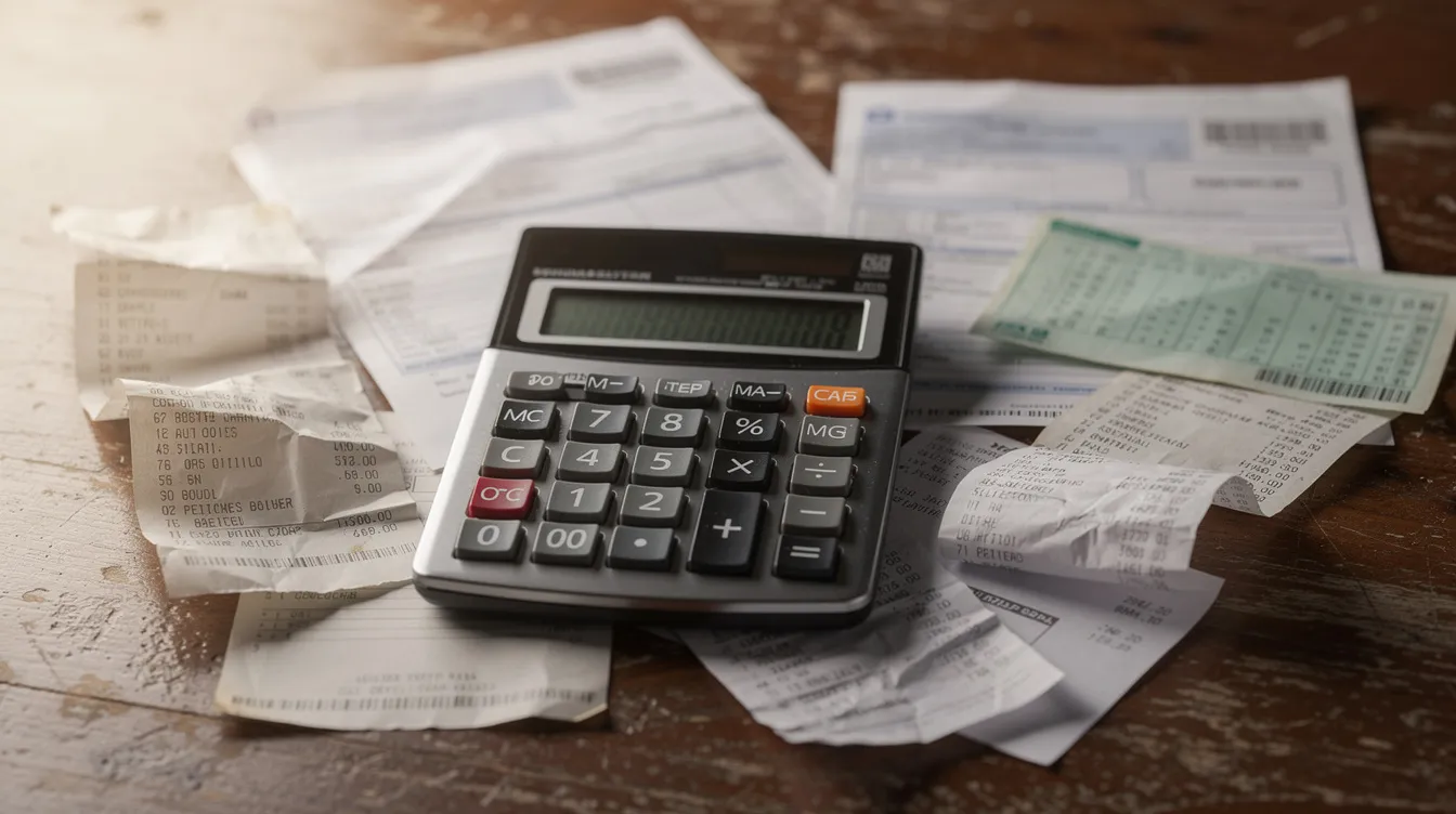 The image shows a calculator placed on a wooden desk, surrounded by scattered bills and receipts, creating a cluttered yet organized scene that suggests financial management and budgeting. This setup reflects the complexities of personal finance, such as debt restructuring and financial evaluations.