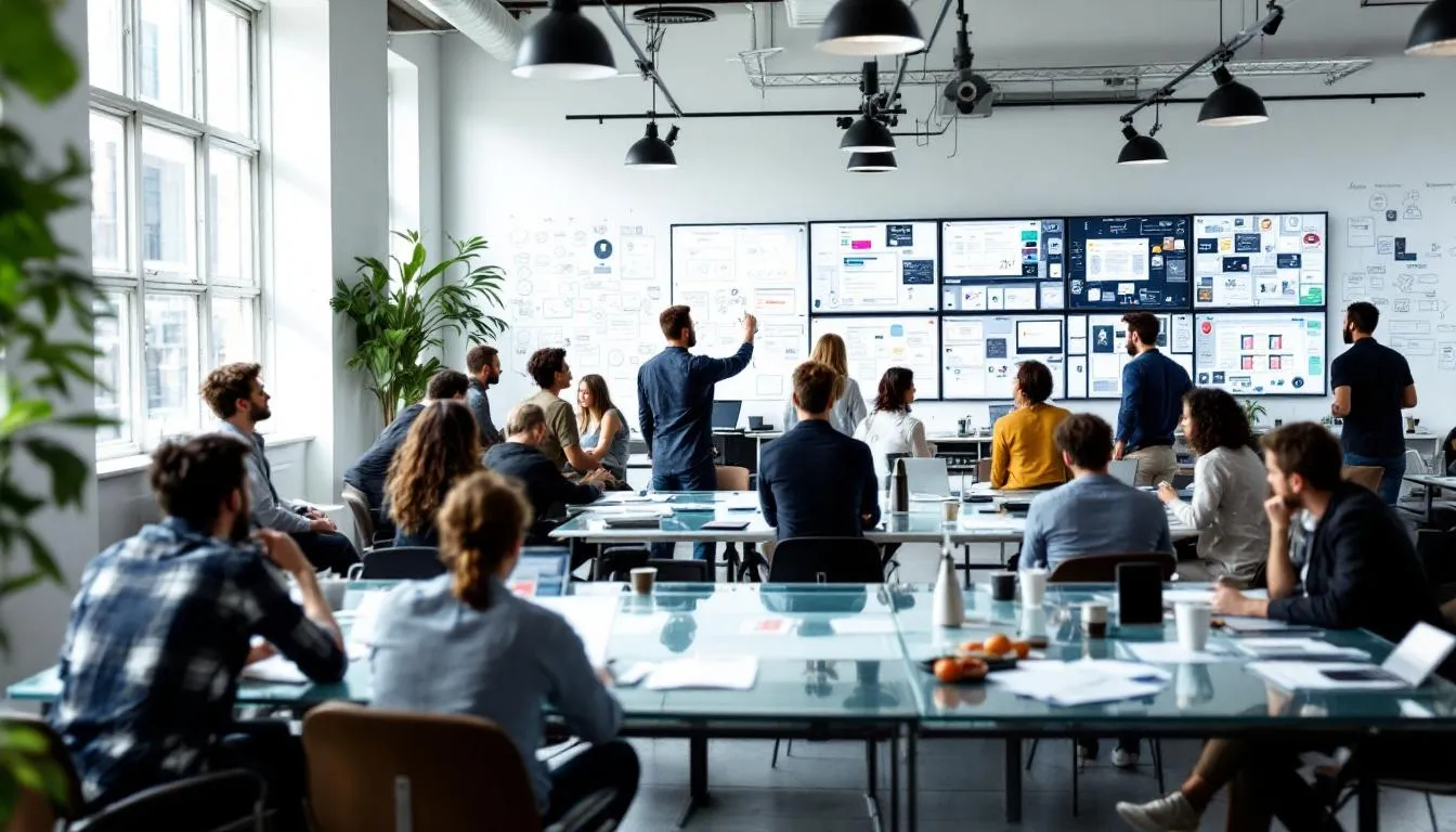 The image depicts a diverse team of creative agency professionals collaborating on a project, surrounded by sketches and digital designs that represent ambitious brands. They are engaged in a vibrant discussion, showcasing the power of creativity and strategy in transforming brand messages to connect with people and make a positive impact in the world.