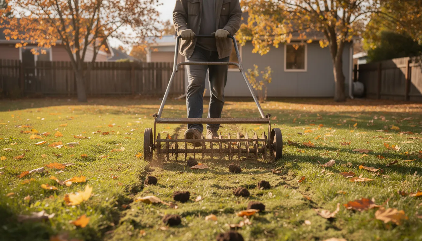 A person is using a hollow-tine aerator on a lawn in autumn, creating small holes in the soil to promote healthier grass growth and improve air circulation. This process helps achieve a greener lawn by allowing nutrients and water to reach the roots of the grass, contributing to lush green colour and reducing lawn weeds.