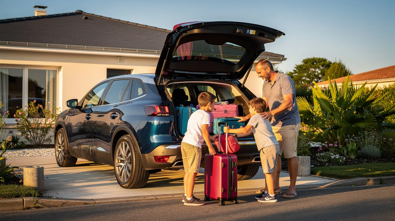 Une famille charge ses bagages dans un SUV spacieux, prêt pour un départ en vacances. Le véhicule, haut de gamme, offre un grand confort pour tous les passagers, témoignant de l'excellence des modèles familiaux disponibles sur le marché.